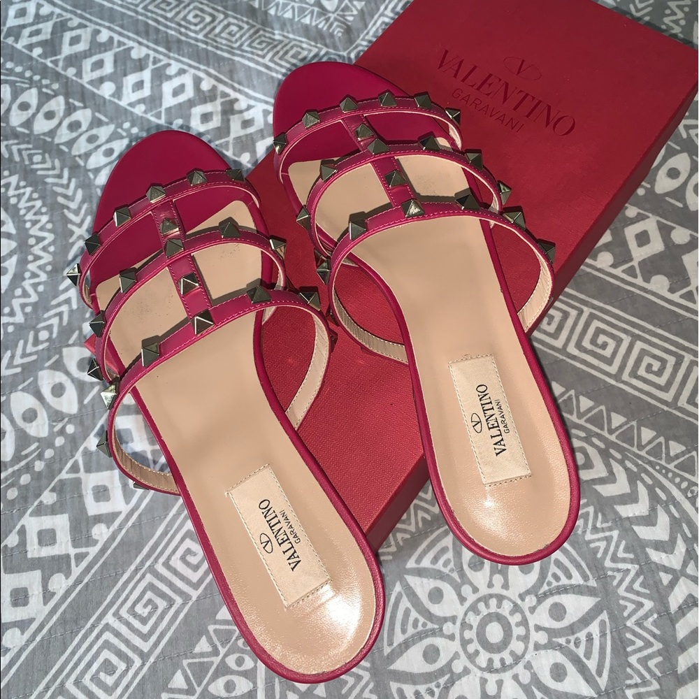 Valentino Rockstud Calfskin Leather Slide Sandal